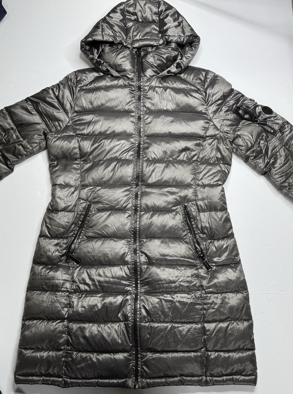 Calvin Klein Women’s L Metallic Silver Packable Premium Down Puffer Coat Hooded